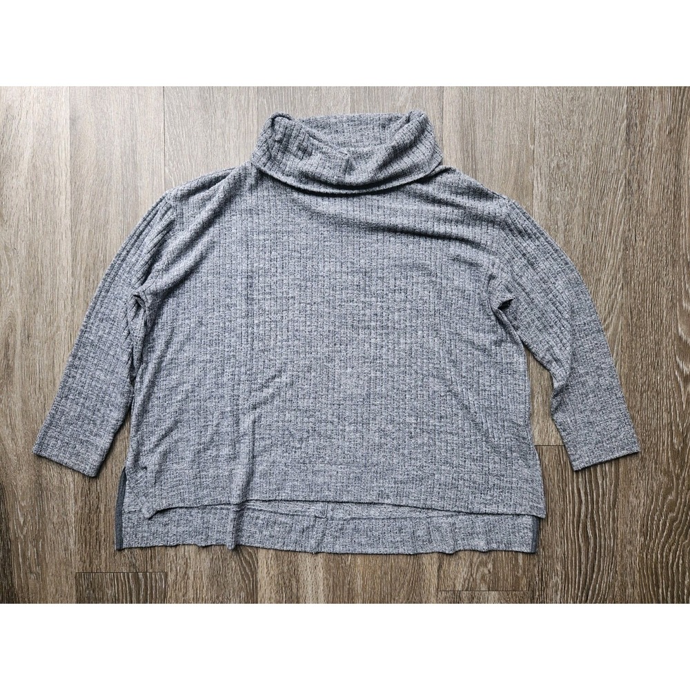 Gray Ribbed Knit Tunic Top Cowl Neck 3/4 Sleeve Comfy Pullover